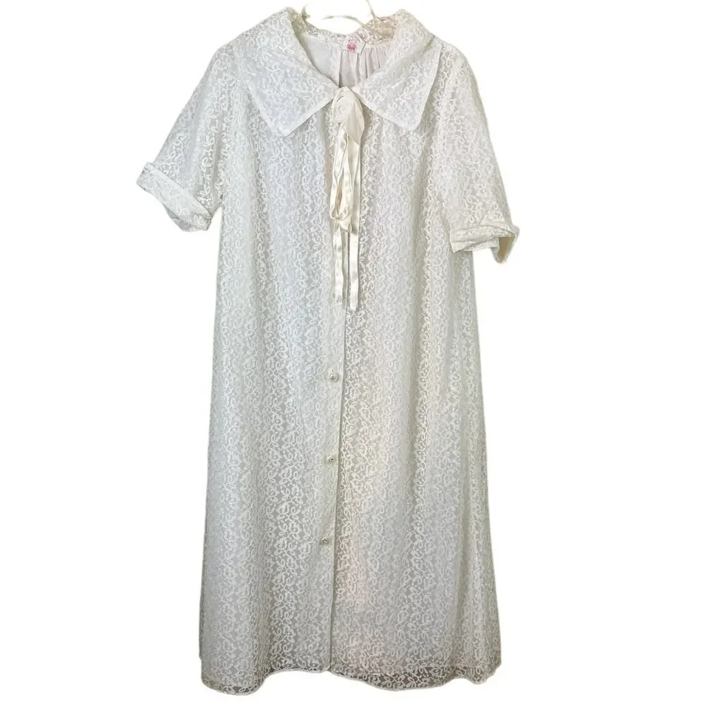 Vintage1950's Albert & Albert White Lace Peignoir Duster Robe Size Large